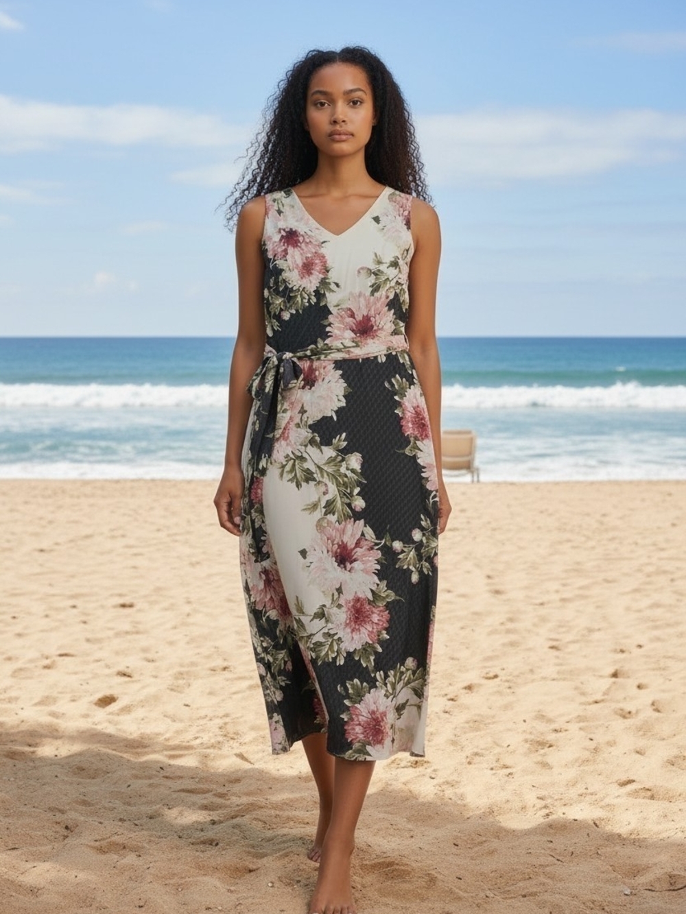 Perceptions Black and Cream Floral V-Neck Midi Dress